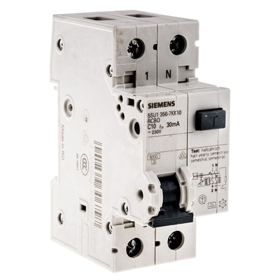 Siemens RCBO, 10A Current Rating, 1P+N Poles, 30mA Trip Sensitivity, Type C, Sentron Range