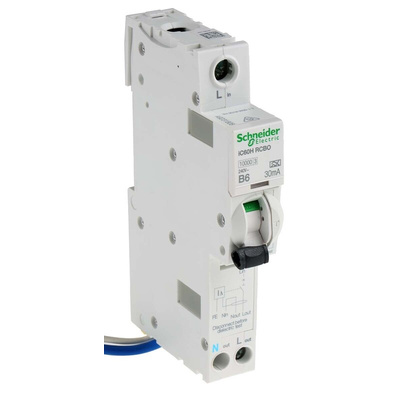 Schneider Electric RCBO, 6A Current Rating, 1P+N Poles, 30mA Trip Sensitivity, Type B, Acti 9 Range