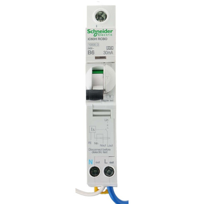 Schneider Electric RCBO, 6A Current Rating, 1P+N Poles, 30mA Trip Sensitivity, Type B, Acti 9 Range