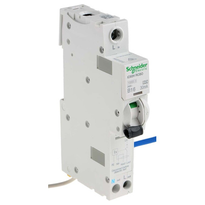 Schneider Electric RCBO, 16A Current Rating, 1P+N Poles, 30mA Trip Sensitivity, Type A, Acti 9 Range