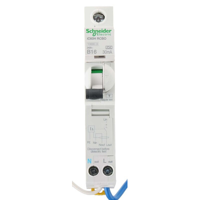 Schneider Electric RCBO, 16A Current Rating, 1P+N Poles, 30mA Trip Sensitivity, Type A, Acti 9 Range