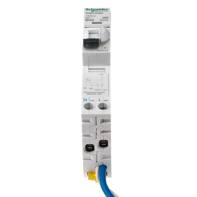 Schneider Electric RCBO, 32A Current Rating, 1P+N Poles, 30mA Trip Sensitivity, Type B, Acti 9 Range