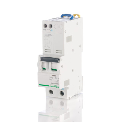 Schneider Electric RCBO, 10A Current Rating, 2P Poles, 30mA Trip Sensitivity, Acti 9 Range