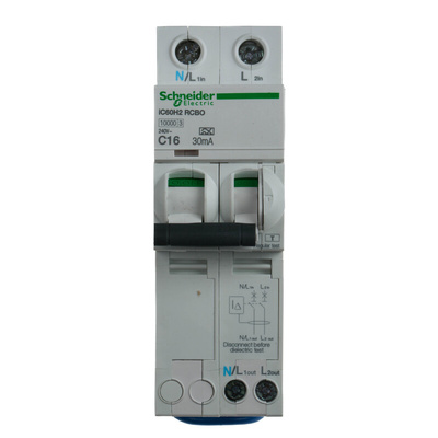 Schneider Electric RCBO, 16A Current Rating, 1P+N Poles, 30mA Trip Sensitivity, Type C, Acti 9 Range