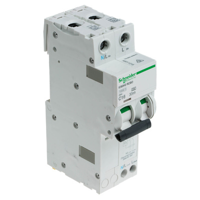 Schneider Electric RCBO, 16A Current Rating, 1P+N Poles, 30mA Trip Sensitivity, Type C, Acti 9 Range