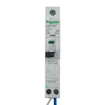 Schneider Electric RCBO, 6A Current Rating, 1P+N Poles, 30mA Trip Sensitivity, Type C, Acti 9 Range