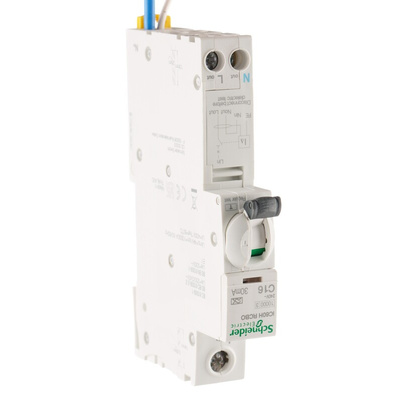 Schneider Electric RCBO, 16A Current Rating, 1P+N Poles, 30mA Trip Sensitivity, Type C, Acti 9 Range