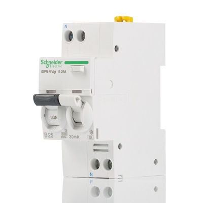 Schneider Electric RCBO, 25A Current Rating, 1P+N Poles, 30mA Trip Sensitivity, Type B, Acti 9 Range