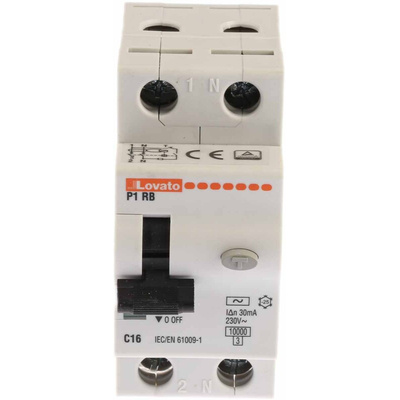 Lovato RCBO, 16A Current Rating, 1P+N Poles, 30mA Trip Sensitivity, Type C