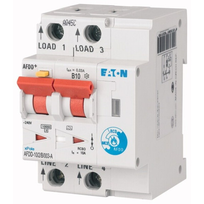 Eaton AFDD, 10A Current Rating, 2P Poles, 30mA Trip Sensitivity, Type B, AFDD+ Range