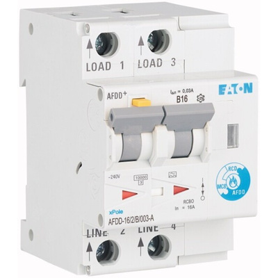 Eaton AFDD, 16A Current Rating, 2P Poles, 30mA Trip Sensitivity, Type B, AFDD+ Range