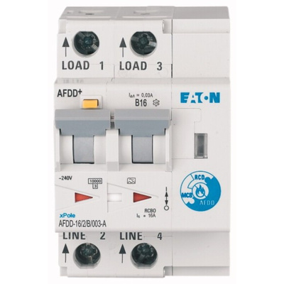 Eaton AFDD, 16A Current Rating, 2P Poles, 30mA Trip Sensitivity, Type B, AFDD+ Range