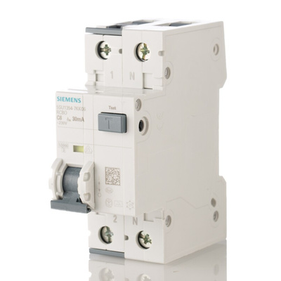 Siemens RCBO, 6A Current Rating, 2P Poles, 30mA Trip Sensitivity, Type C, Sentron Range