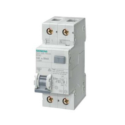 Siemens RCBO, 13A Current Rating, 2P Poles, 30mA Trip Sensitivity, Type C, Sentron Range