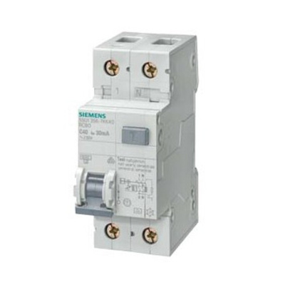 Siemens RCBO, 40A Current Rating, 2P Poles, 30mA Trip Sensitivity, Sentron Range