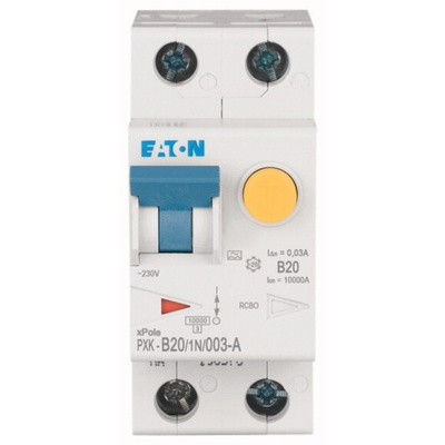 Eaton RCBO, 20A Current Rating, 1P+N Poles, 30mA Trip Sensitivity, Type B, PXK Range