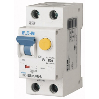 Eaton RCBO, 20A Current Rating, 1P+N Poles, 30mA Trip Sensitivity, Type C, PXK Range