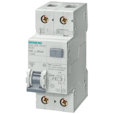 Siemens RCBO, 10A Current Rating, 2P Poles, 30mA Trip Sensitivity, Type AC, Sentron Range