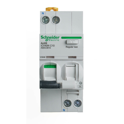 Schneider Electric RCBO, 10A Current Rating, 1P Poles, 30mA Trip Sensitivity, Type C, Acti9 Range