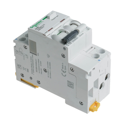 Schneider Electric RCBO, 10A Current Rating, 1P Poles, 30mA Trip Sensitivity, Type C, Acti9 Range