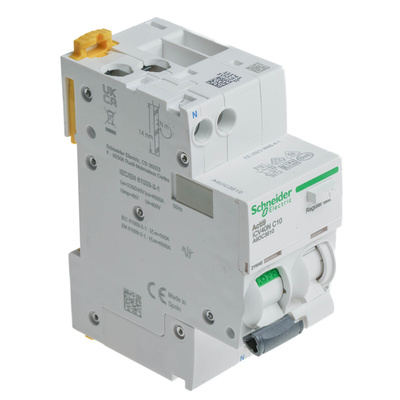 Schneider Electric RCBO, 10A Current Rating, 1P Poles, 30mA Trip Sensitivity, Type C, Acti9 Range