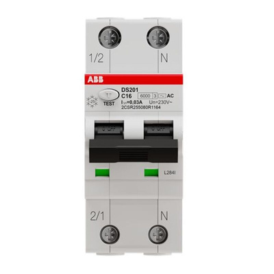 ABB RCBO, 16A Current Rating, 2P Poles, 30mA Trip Sensitivity, Type C, System Pro M Compact Range