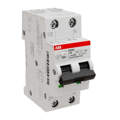 ABB RCBO, 16A Current Rating, 2P Poles, 30mA Trip Sensitivity, Type C, System Pro M Compact Range