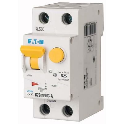 Eaton RCBO, 25A Current Rating, 1P+N Poles, 30mA Trip Sensitivity, Type A, Type C, PXK Range
