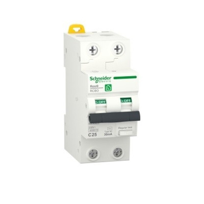 Schneider Electric RCBO, 25A Current Rating, 2P Poles, 30mA Trip Sensitivity, Resi9 Range