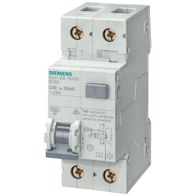 Siemens RCBO, 10A Current Rating, 2P Poles, 30mA Trip Sensitivity, Sentron Range