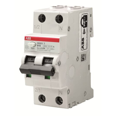 ABB RCBO, 16A Current Rating, 2P Poles, 30mA Trip Sensitivity