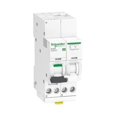 Schneider Electric RCBO, 10A Current Rating, 1P+N Poles, 30mA Trip Sensitivity, Type C, Acti9 Range