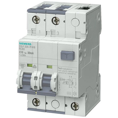 Siemens RCBO, 20A Current Rating, 2P Poles, 30mA Trip Sensitivity, Type B, Sentron Range
