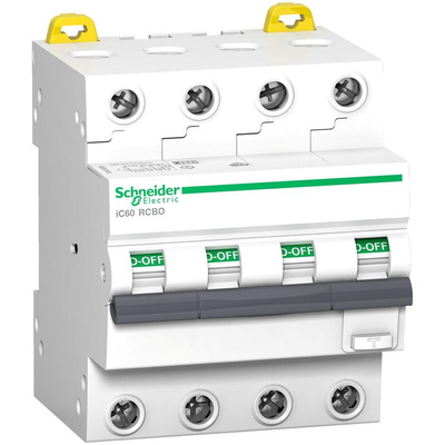 Schneider Electric RCBO, 32A Current Rating, 4P Poles, 30mA Trip Sensitivity, Acti 9 Range