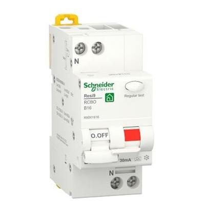 Schneider Electric RCBO, 16A Current Rating, 1P Poles, 30mA Trip Sensitivity, Resi9 Range