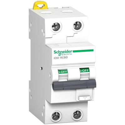 Schneider Electric RCBO, 10A Current Rating, 2P Poles, 30mA Trip Sensitivity, Type AC, Acti9 Range
