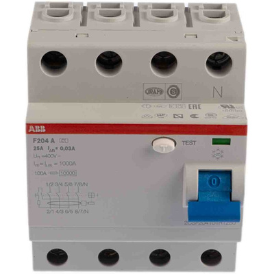 ABB F200 RCCB, 25A, 4 Pole, 30mA, Type A