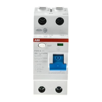 ABB F200 RCCB, 25A, 2 Pole, 30mA, Type A, 230V ac