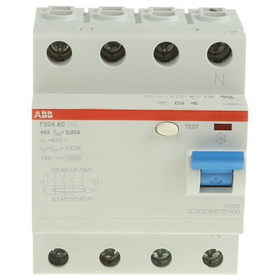 ABB F200 RCCB, 63A, 4 Pole, 300mA, Type AC