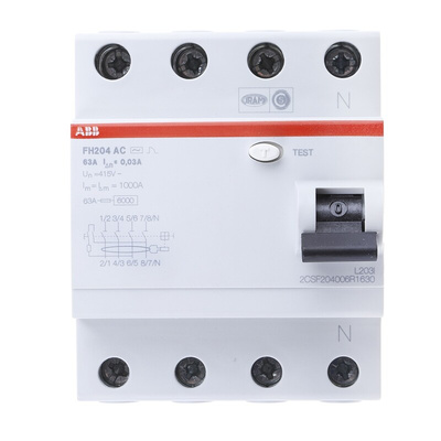 ABB FH200 RCCB, 63A, 4 Pole, 30mA, Type AC, 230/400V