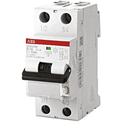 ABB RCBO, 16A Current Rating, 2P Poles, 30mA Trip Sensitivity, Type C, System Pro M Compact Range