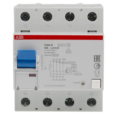 ABB F200 RCCB, 80A, 4 Pole, 300mA, Type B, 400V ac