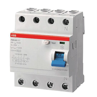 ABB F200 RCCB, 63A, 4 Pole, 30mA, 400V ac