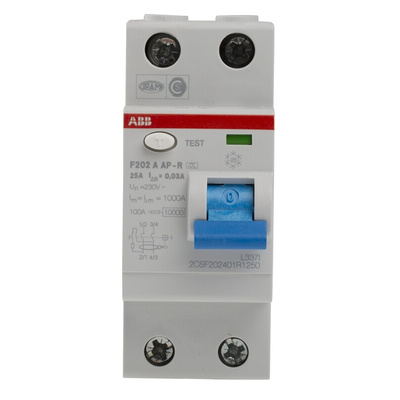 ABB F200 RCCB, 25A, 2 Pole, 30mA, Type A, 230/400V ac