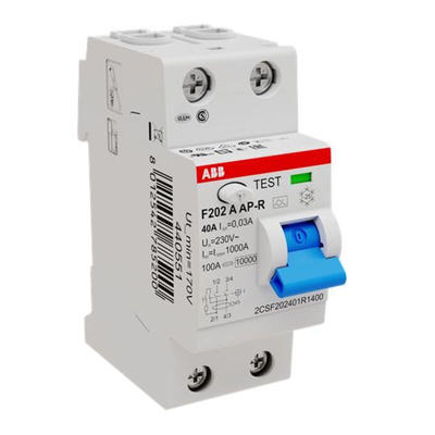 ABB F200 RCCB, 40A, 2 Pole, 30mA, Type A, 230/400V ac