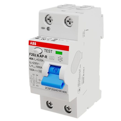 ABB F200 RCCB, 40A, 2 Pole, 30mA, Type A, 230/400V ac