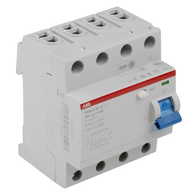 ABB F200 RCCB, 40A, 4 Pole, 30mA, Type A, 230/400V ac