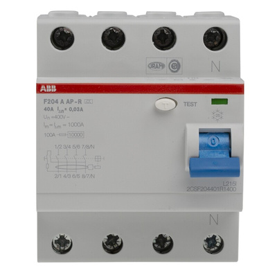 ABB F200 RCCB, 40A, 4 Pole, 30mA, Type A, 230/400V ac