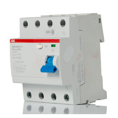 ABB F200 RCCB, 80A, 4 Pole, 30mA, Type A, 277 V ac, 480 V ac