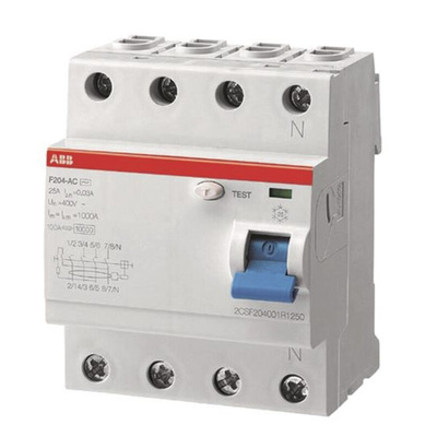 ABB F200 RCCB, 25A, 4 Pole, 30mA, Type A, 110V ac